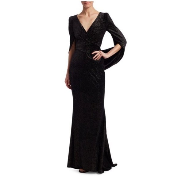 Talbot Runhof Black Metallic Eternity-Sleeve Velvet Gown - Picture 1 of 11